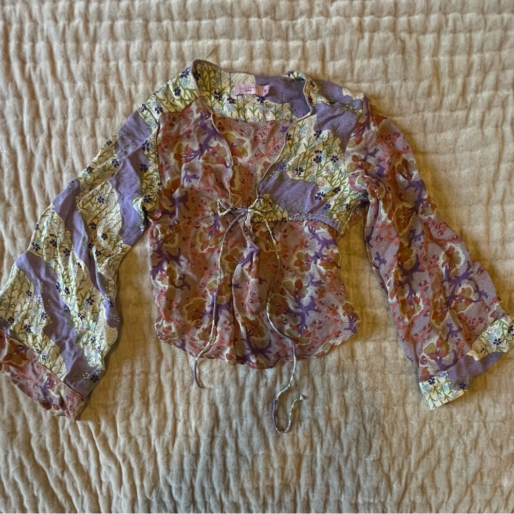 CALYPSO ST. BARTH ENFANT Lilac Silk Fairy Floral Tie Blouse w/ Kimono Sleeves